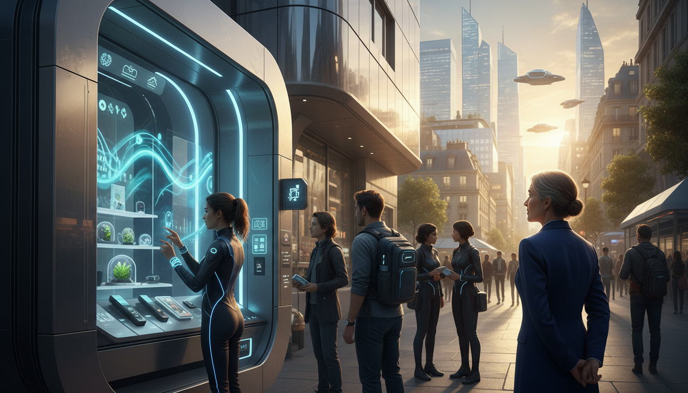 Kiosque futuriste à Paris, mêlant ancien et nouveau, avec un passant