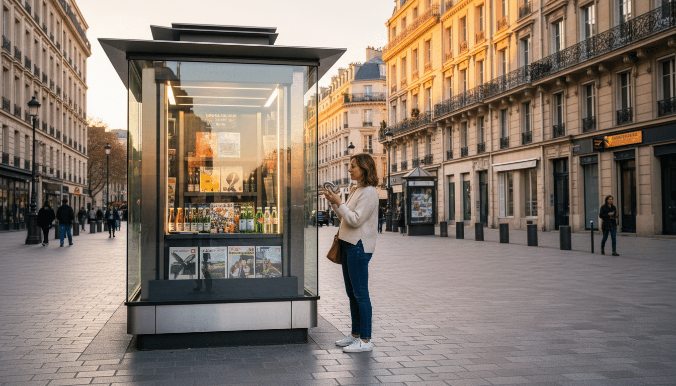 Kiosque parisien moderne et épuré avec une femme regardant les produits