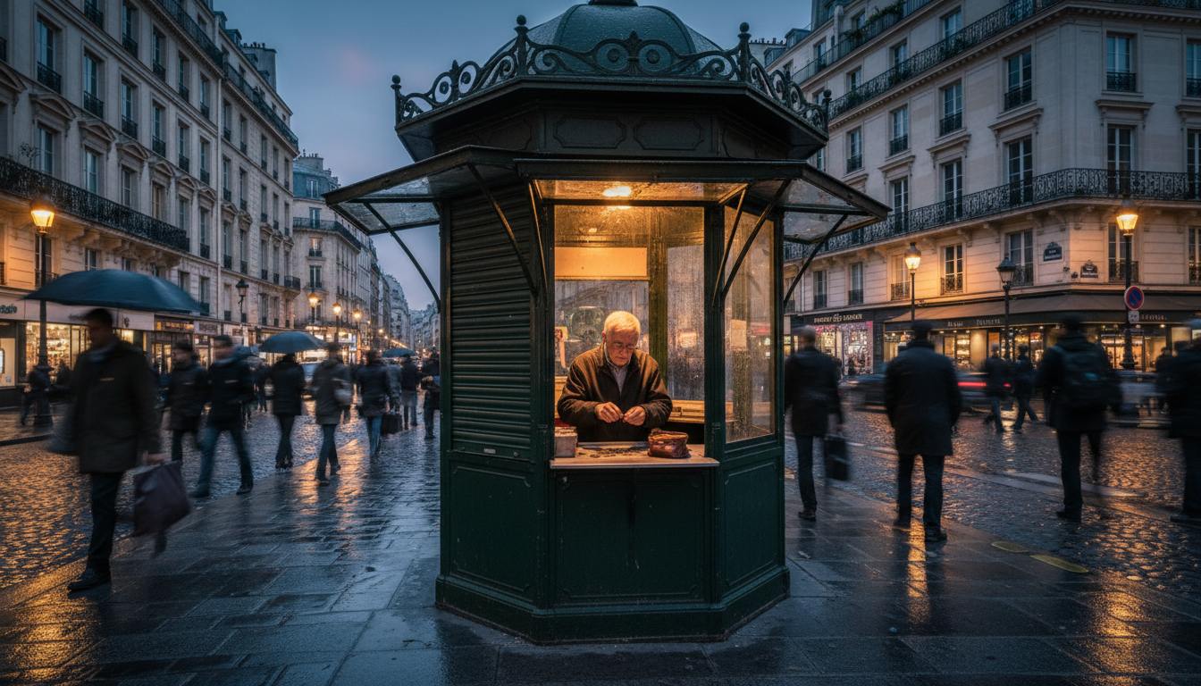 Kiosquier parisien le soir devant son kiosque vert