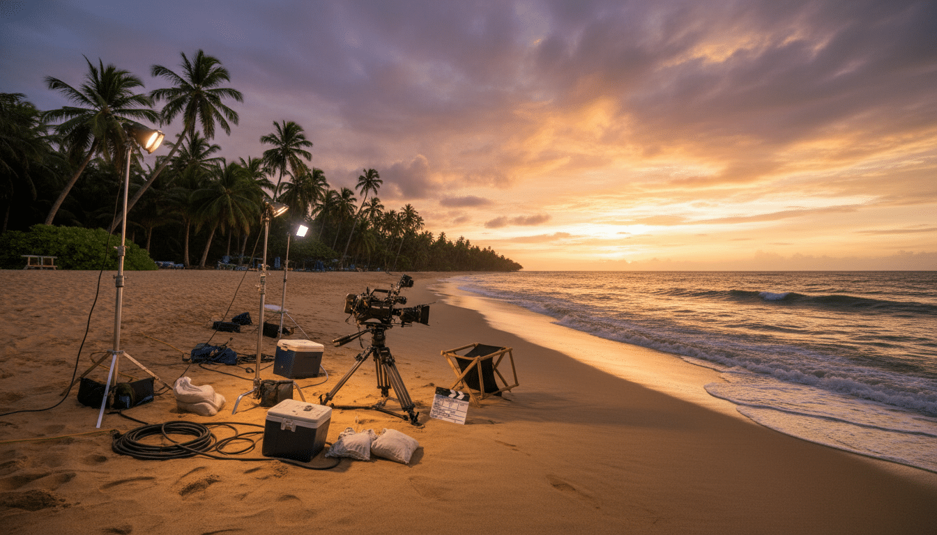 Lieu de tournage tropical abandonné avec équipement de caméra