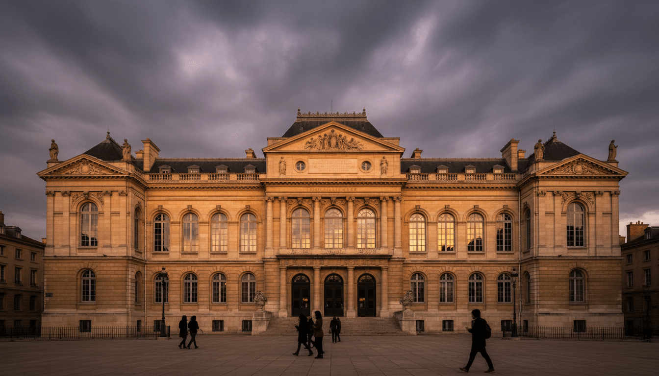 Façade du palais de justice avec ciel dramatique