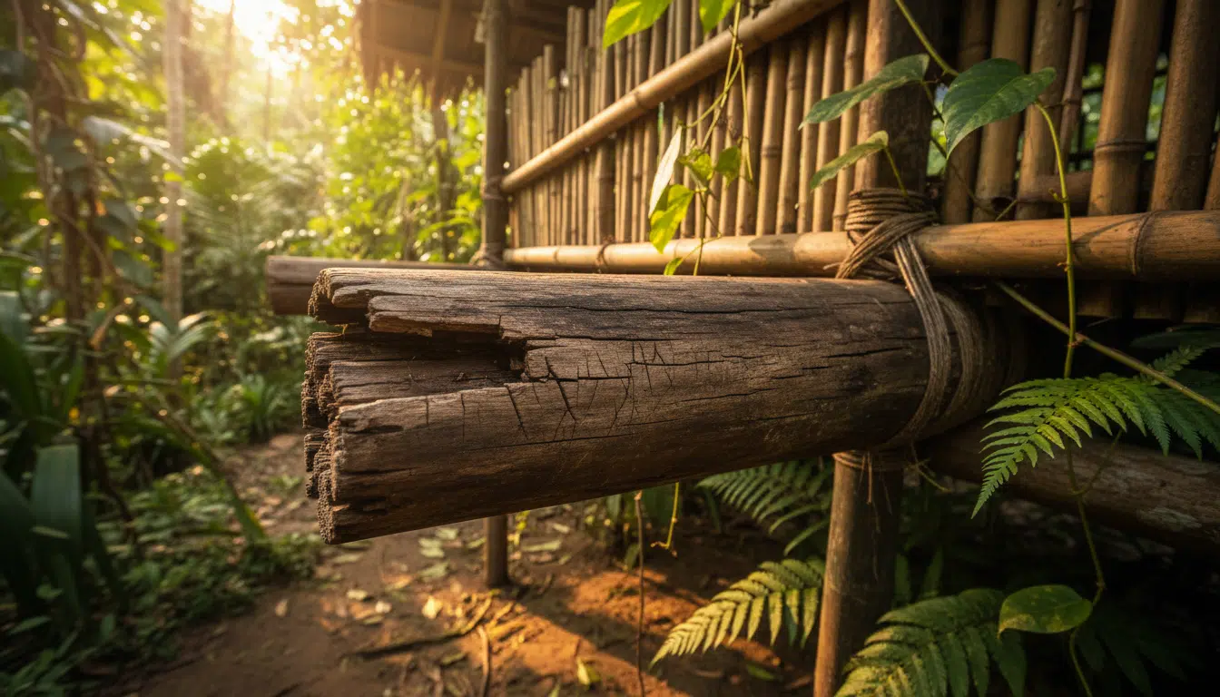 Section de bois fissurée sur la structure en bambou de Koh-Lanta