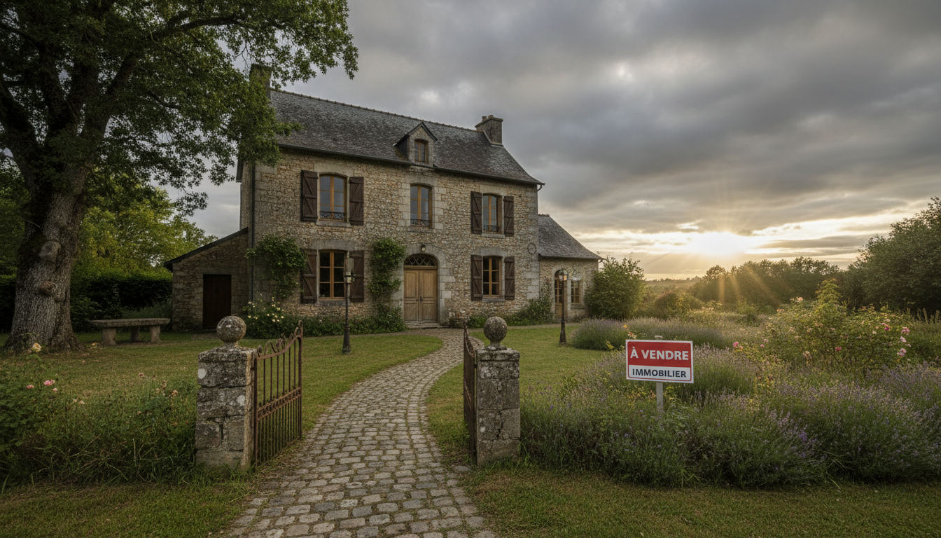 Maison familiale en pierre avec un panneau à vendre