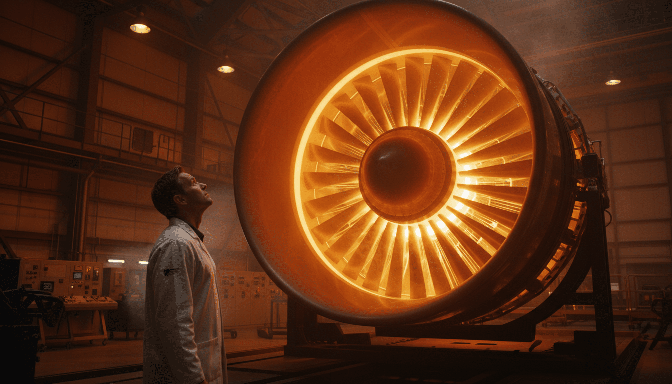 Moteur de propulsion futuriste dans un hangar militaire