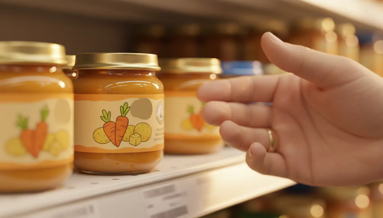Pot de nourriture pour bébé en verre dans un supermarché