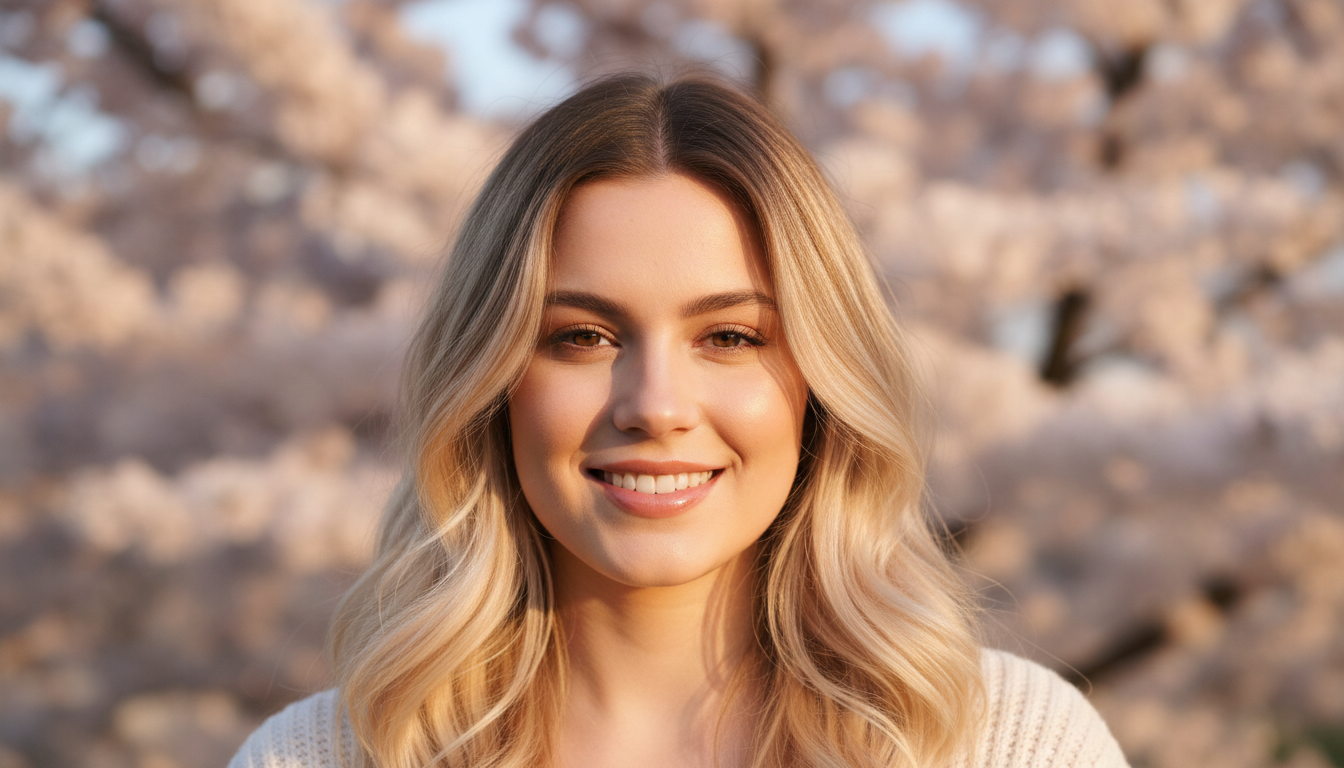 Jeune femme avec une coloration bronde bicolore au printemps