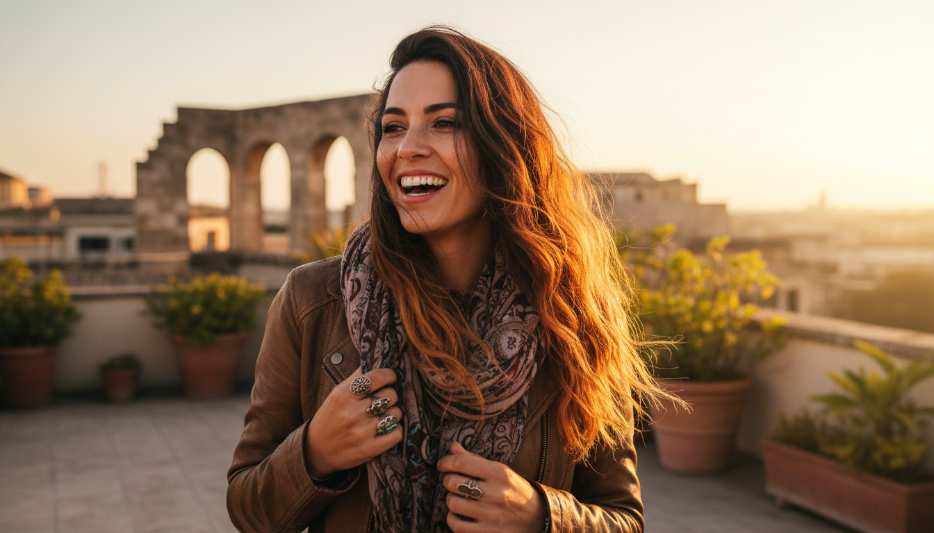 Femme souriante aux cheveux dip dye cuivré en extérieur
