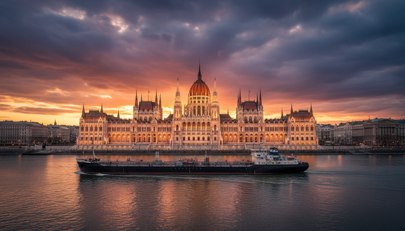 Parlement hongrois à Budapest au coucher du soleil