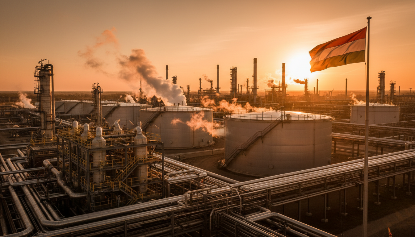 Raffinerie de pétrole avec drapeau hongrois au crépuscule