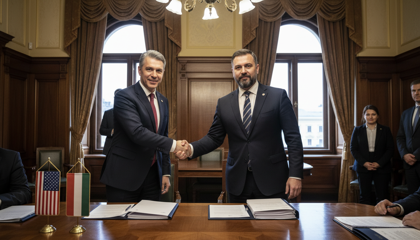Poignée de main diplomatique entre responsables américains et hongrois