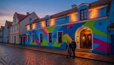 Façade d'une boîte de nuit lituanienne au crépuscule