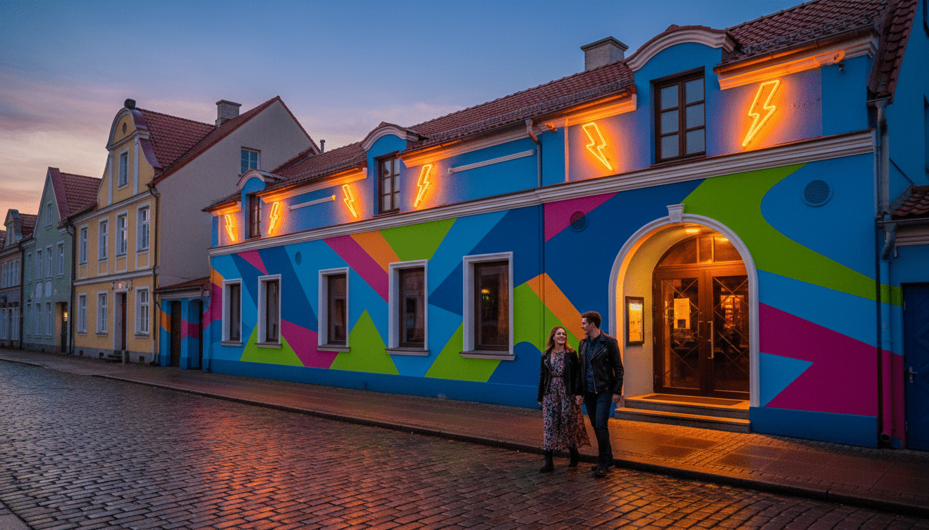 Façade d'une boîte de nuit lituanienne au crépuscule