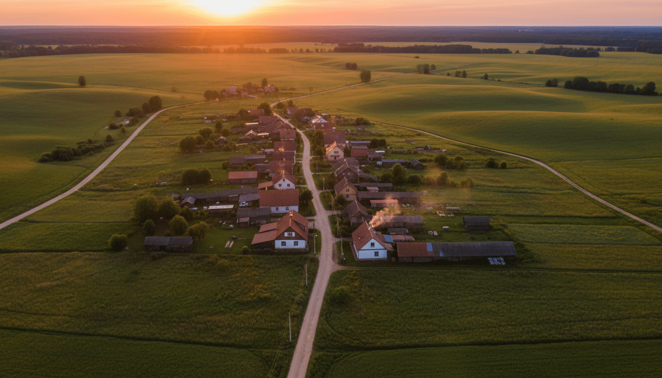 Village lituanien dépeuplé vu du ciel au coucher du soleil
