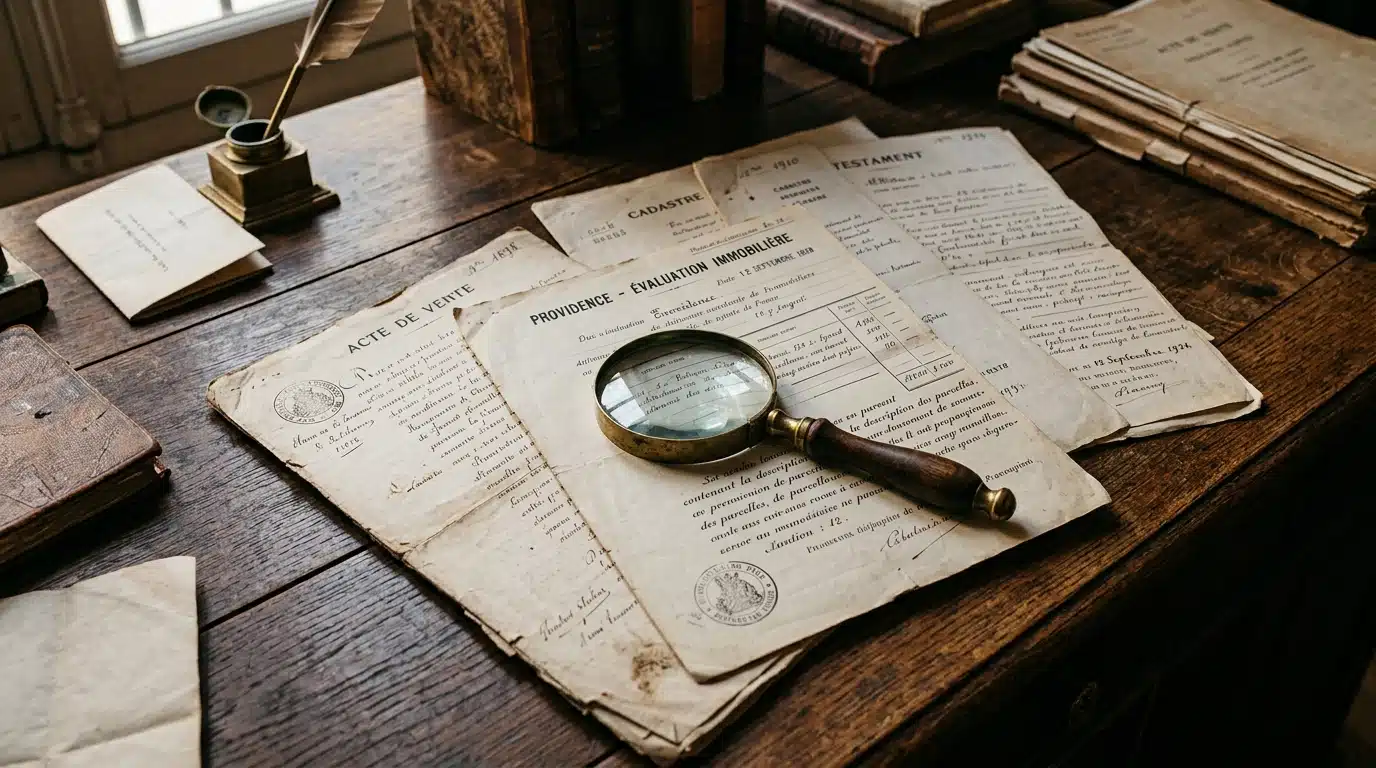 Documents d'estimation immobilière anciens sur un bureau en bois, avec une loupe vintage