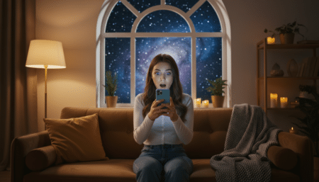 Femme surprise lisant une rumeur astrologique sur son téléphone