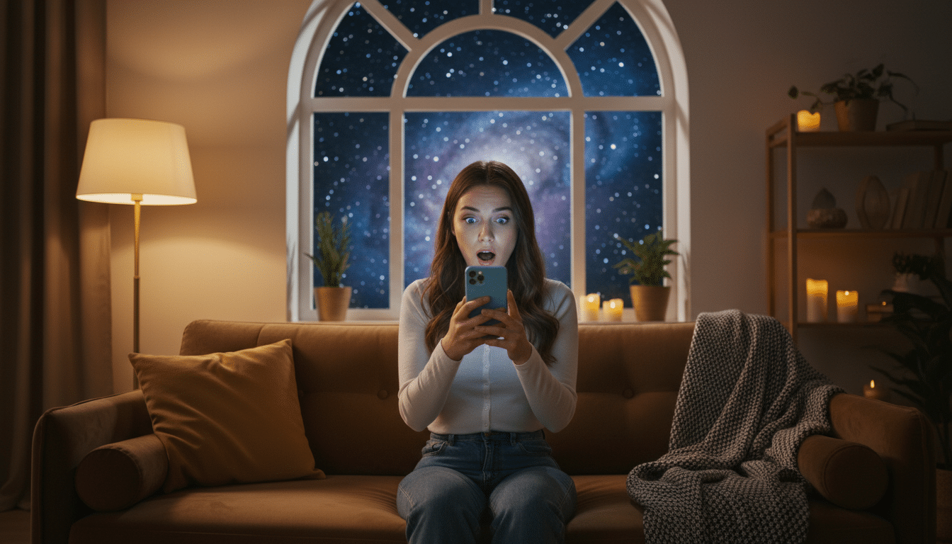 Femme surprise lisant une rumeur astrologique sur son téléphone