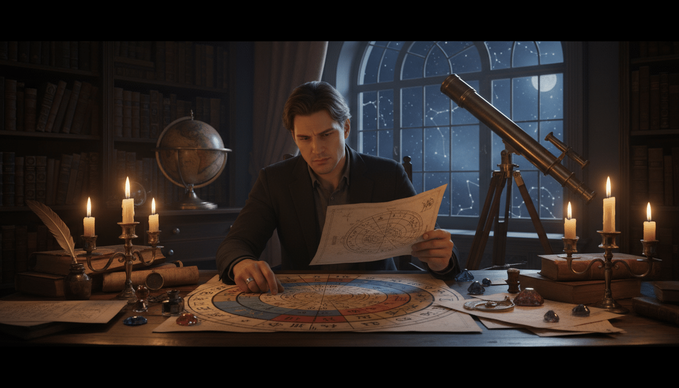 Personne comparant une carte du ciel et un zodiaque tropical