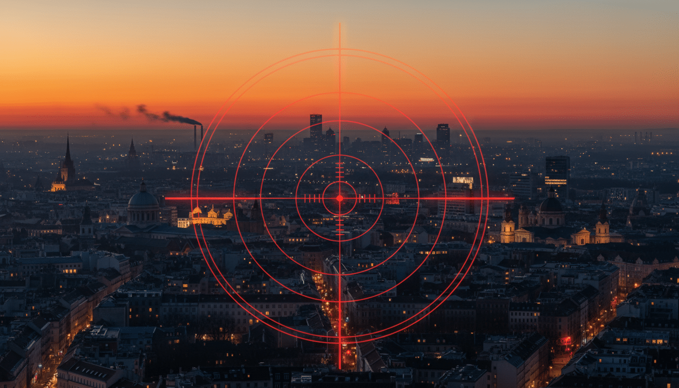 Ville européenne au crépuscule avec symbole de cible militaire