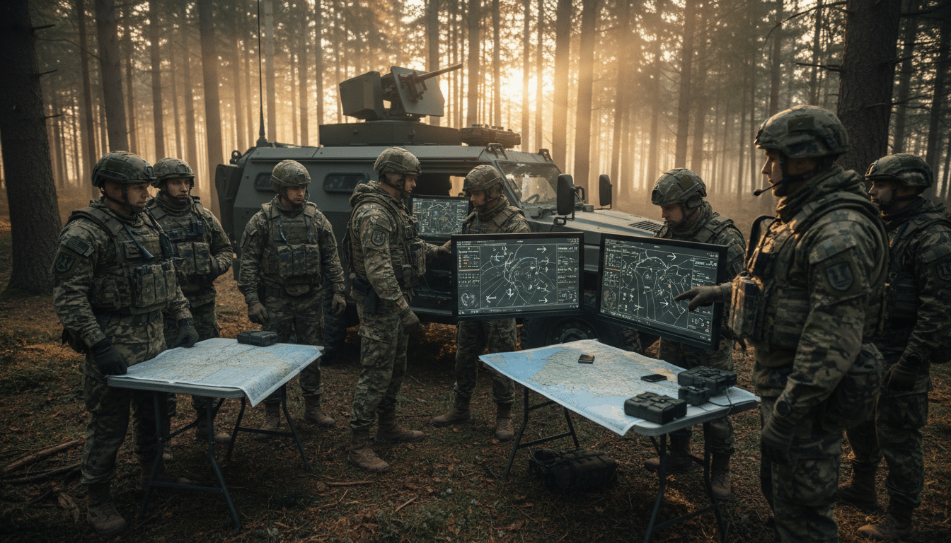 Soldats européens autour d'un poste de commandement mobile