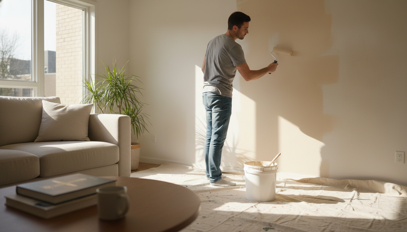 Personne repeignant un mur de salon en beige neutre