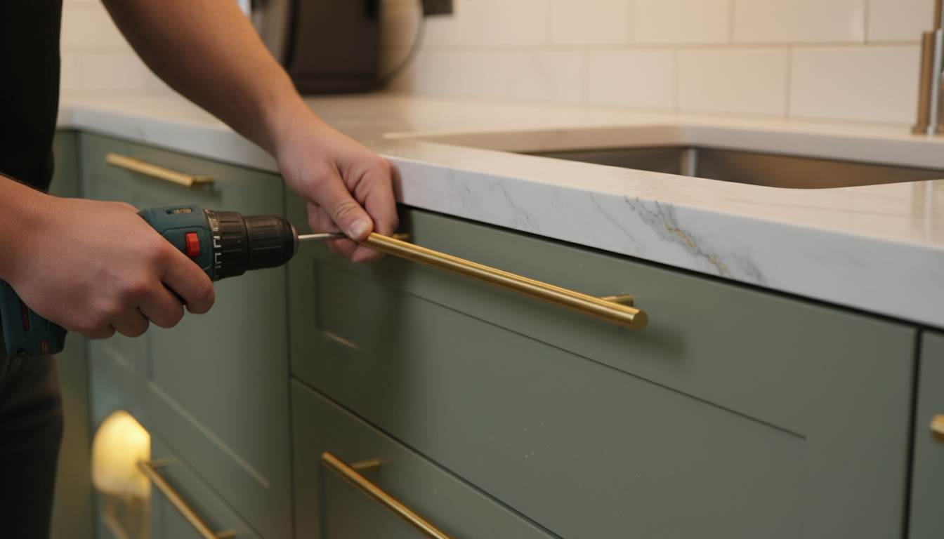 Pose de nouvelles poignées modernes sur meuble de cuisine repeint