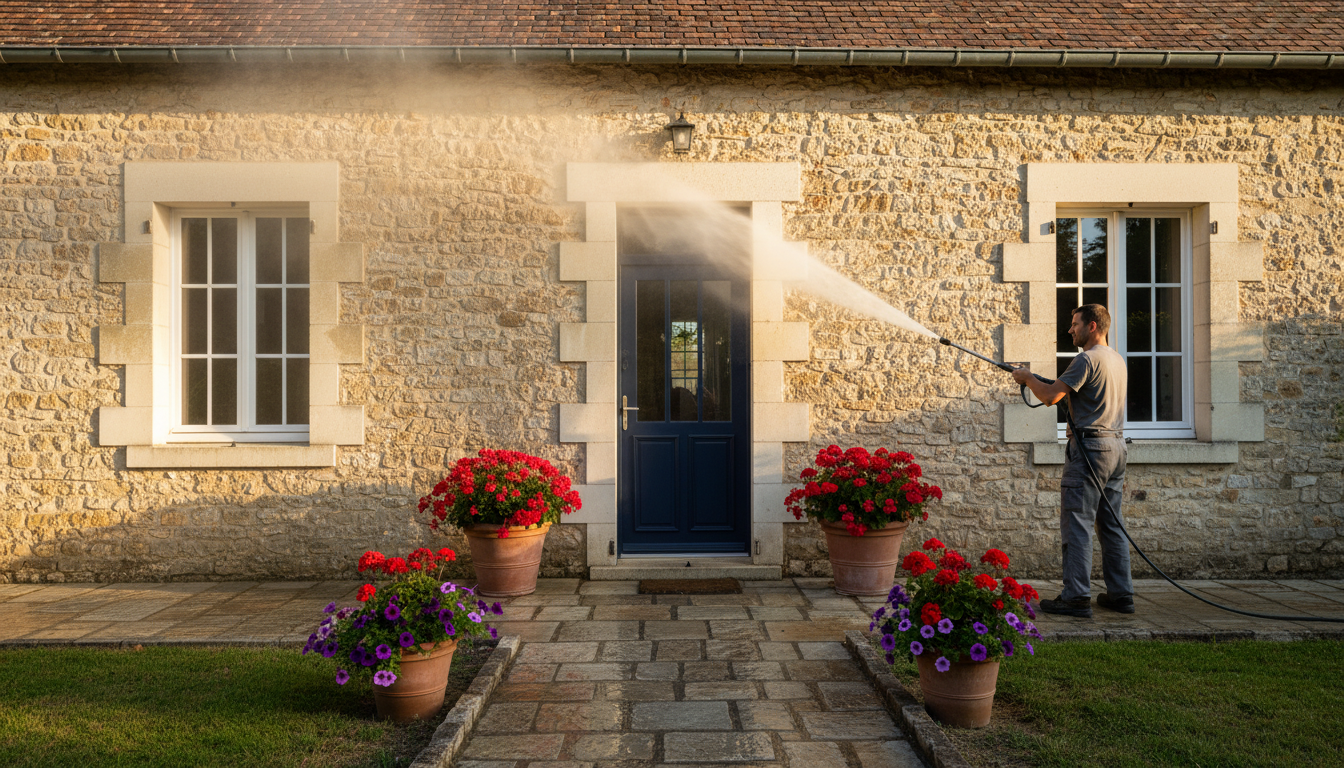 Nettoyage haute pression de la façade d'une maison avec porte repeinte
