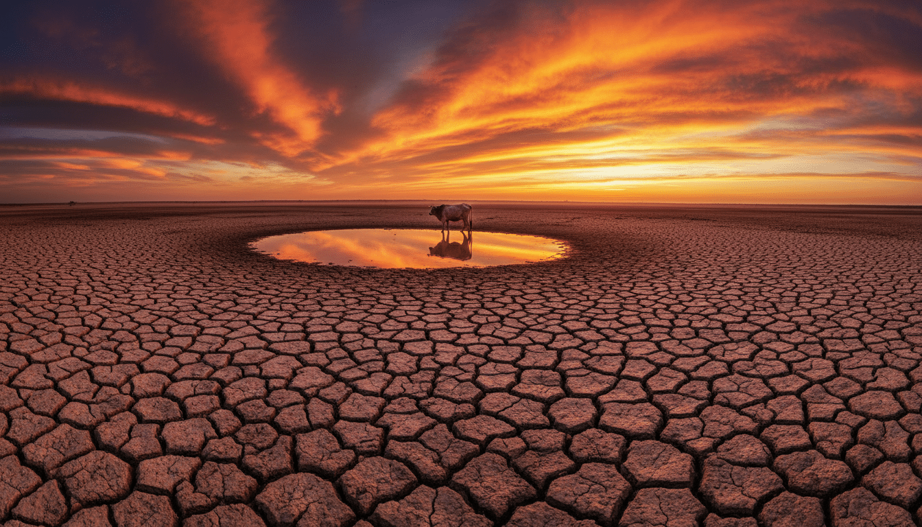 Lac asséché avec une vache au loin