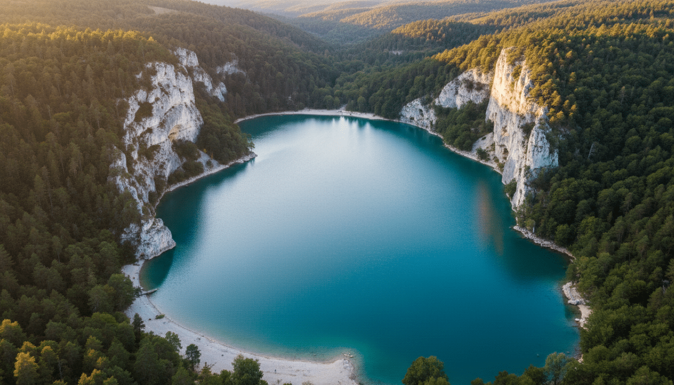 Vue aérienne du lac de Chalain aux eaux turquoise dans le Jura