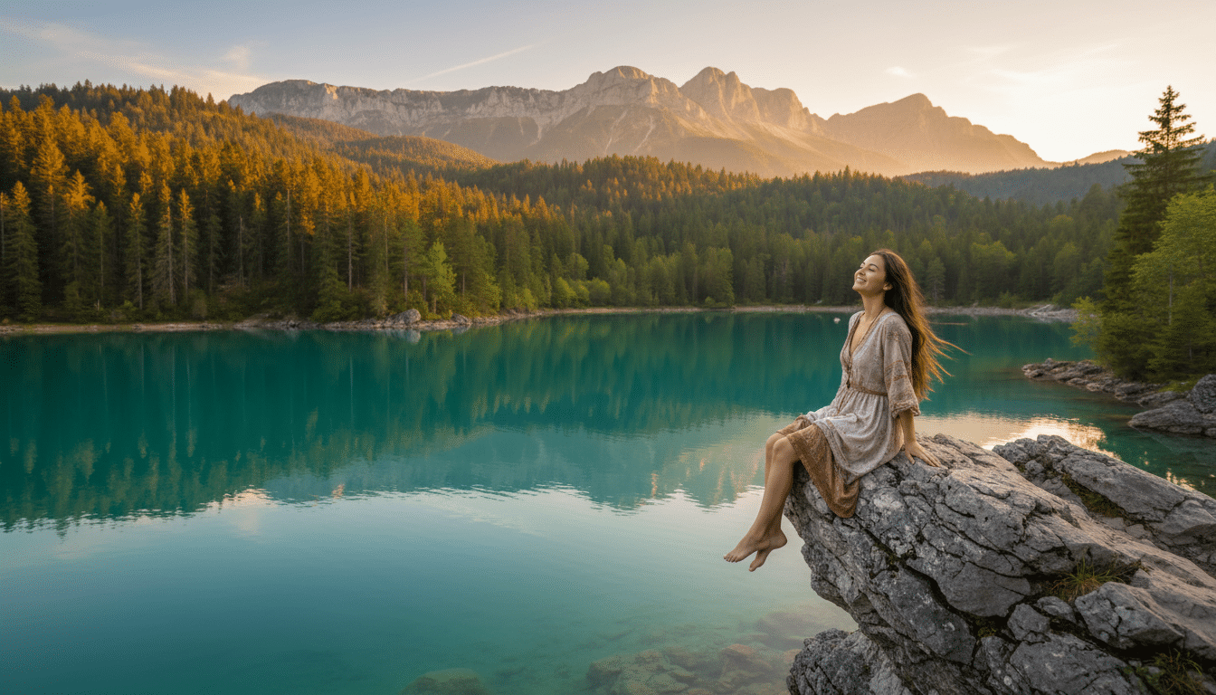 Femme contemplant un lac turquoise depuis une falaise du Jura