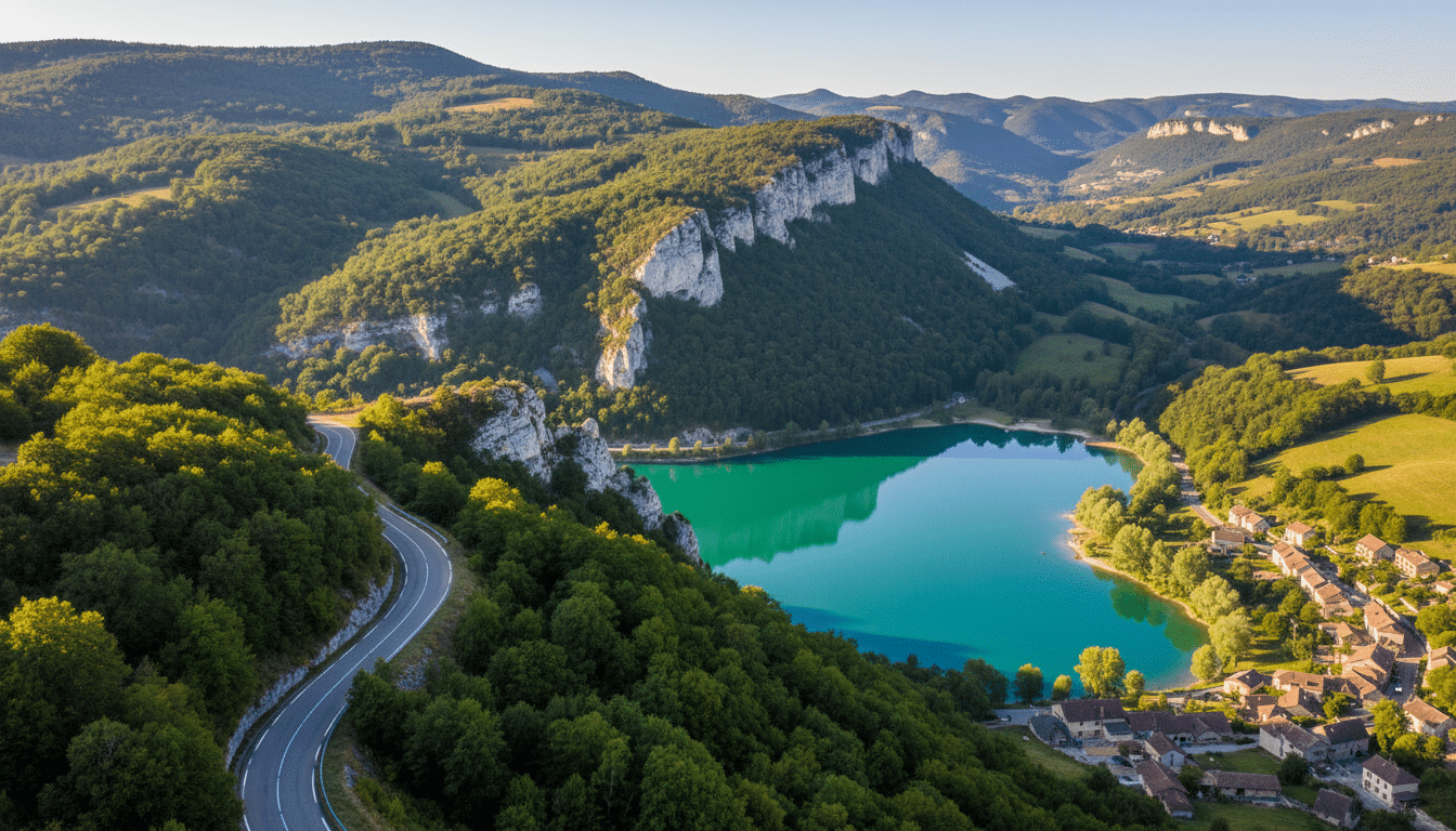 Route panoramique menant aux lacs du Jura avec village en contrebas