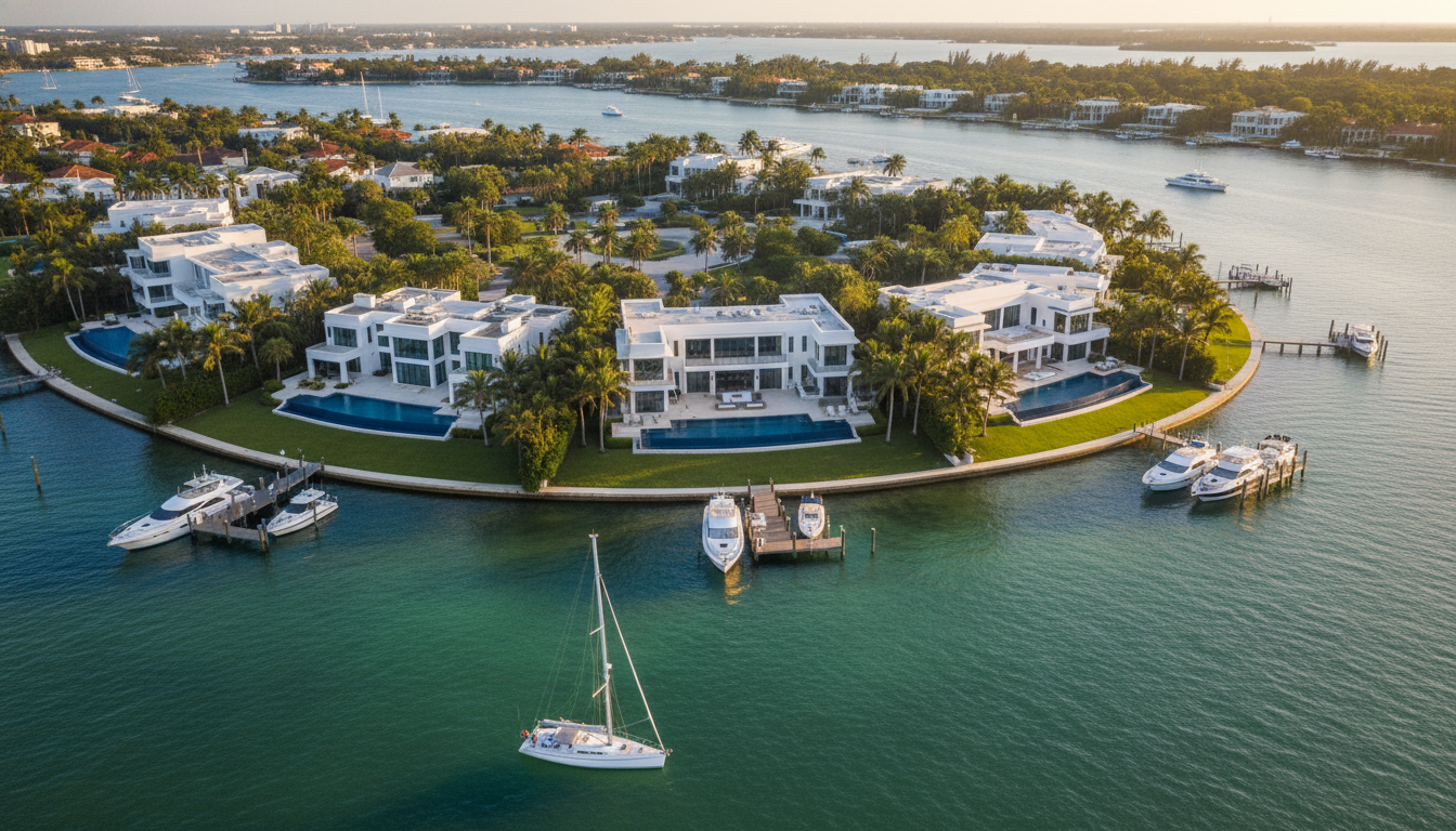 Vue aérienne des îles de Biscayne Bay à Miami avec villas de luxe en bord d'eau et yachts