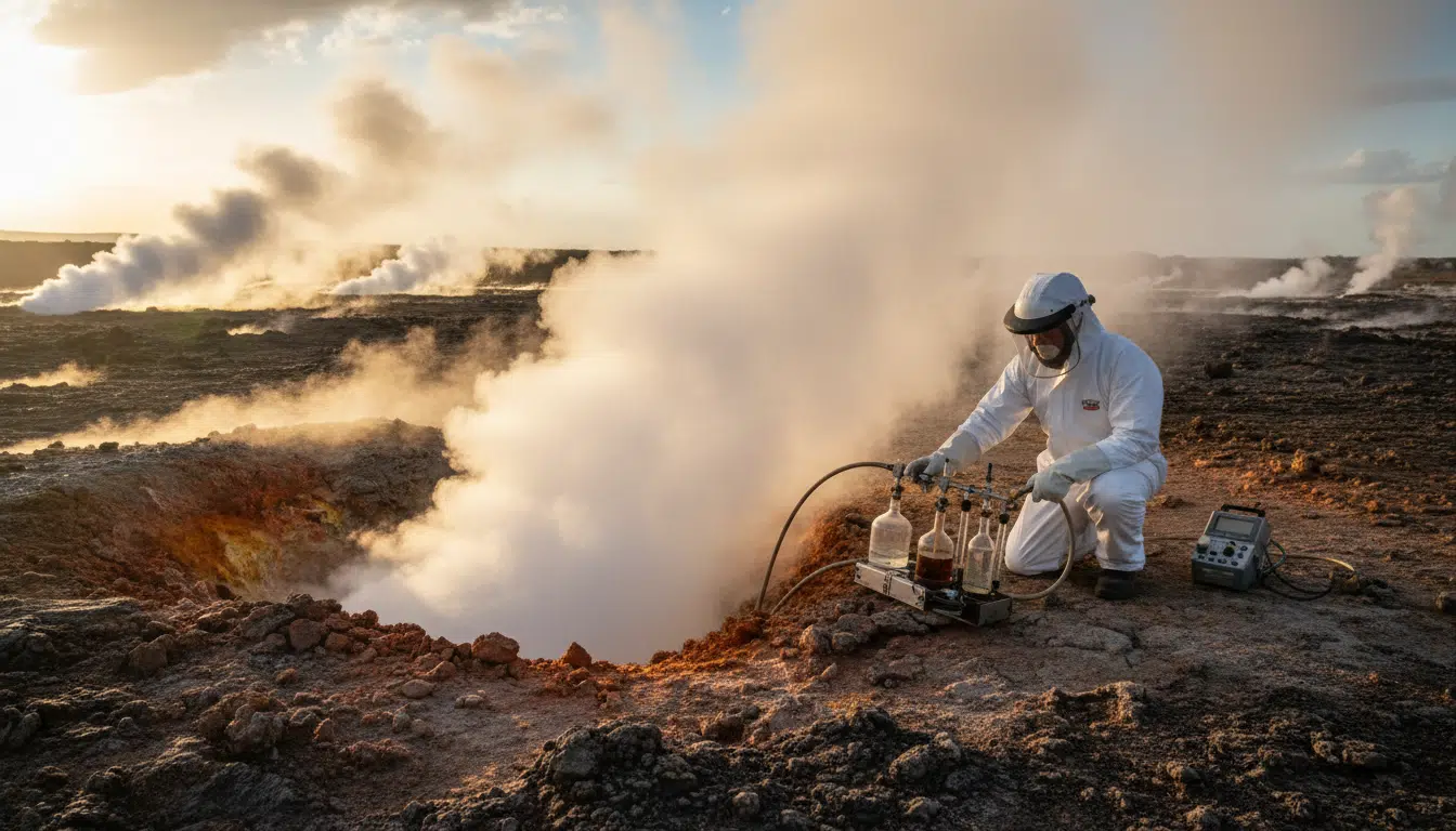 Chercheur prélevant des gaz géothermiques dans le rift kényan