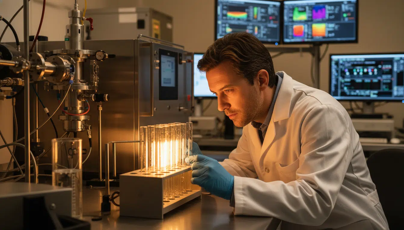 Scientifique analysant des gaz géothermiques en laboratoire