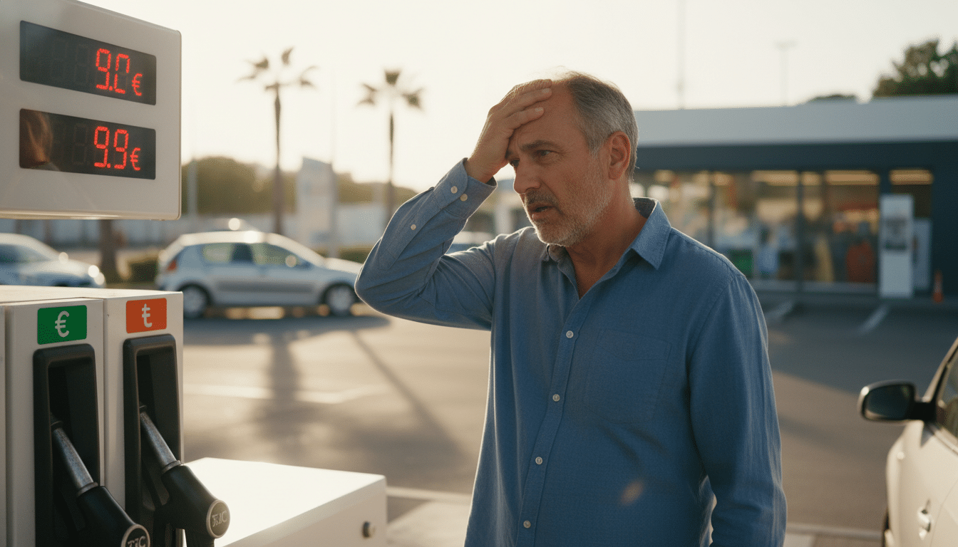 Homme inquiet devant une pompe à carburant