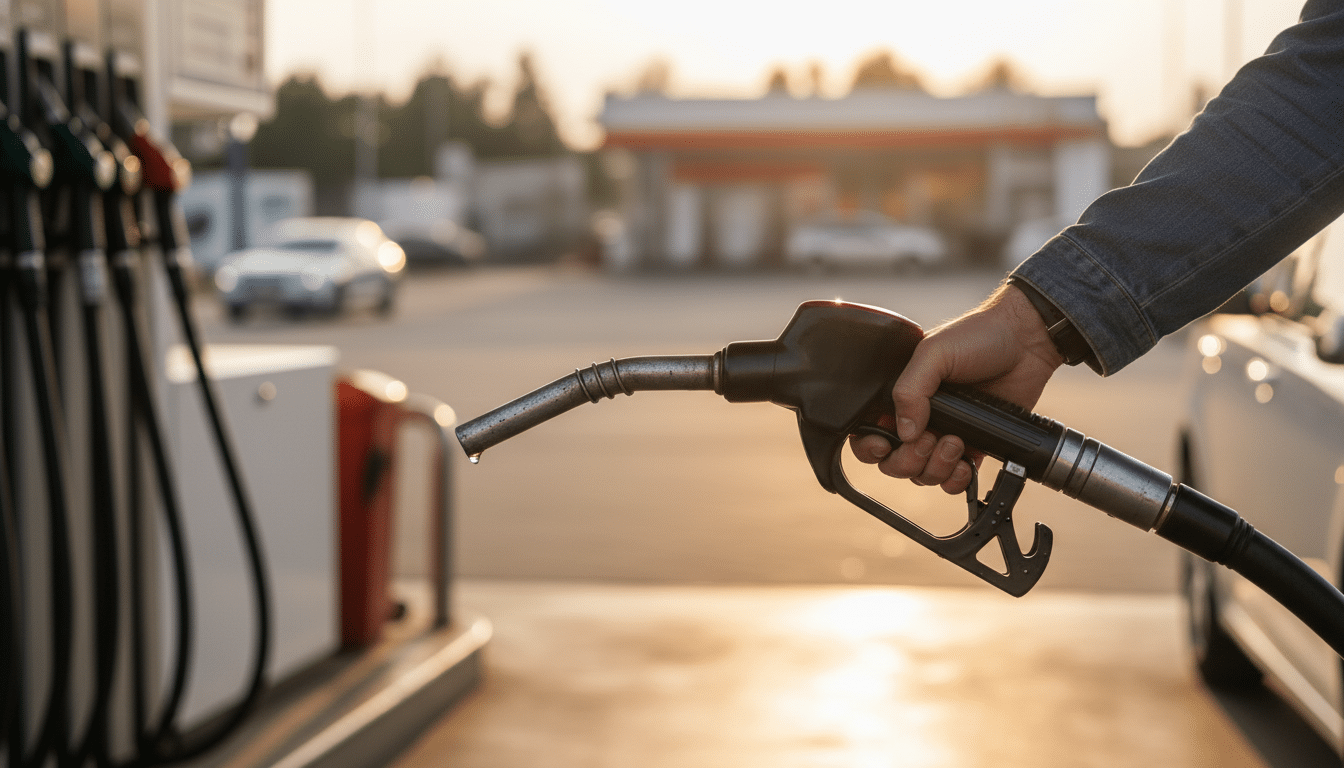 Main tenant une pompe à essence en gros plan