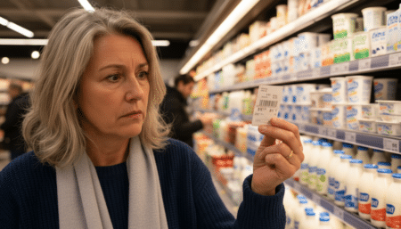 Femme vérifiant les prix au rayon produits laitiers