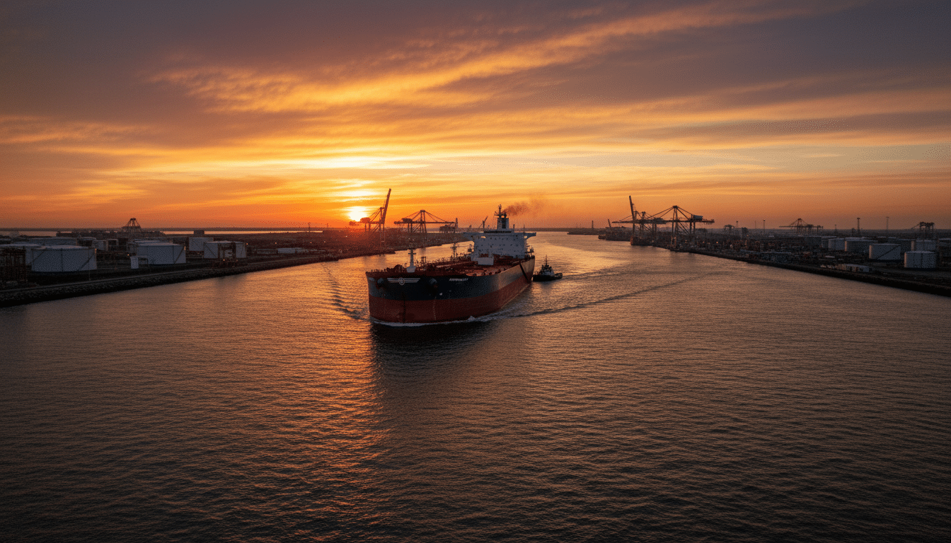 Pétrolier traversant un détroit au coucher du soleil