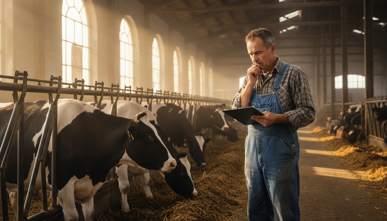 Éleveur laitier inquiet dans son exploitation bovine