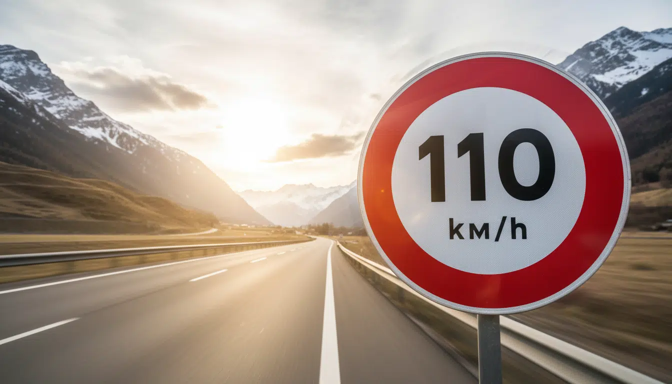 Panneau de limitation à 110 km/h sur une route de montagne