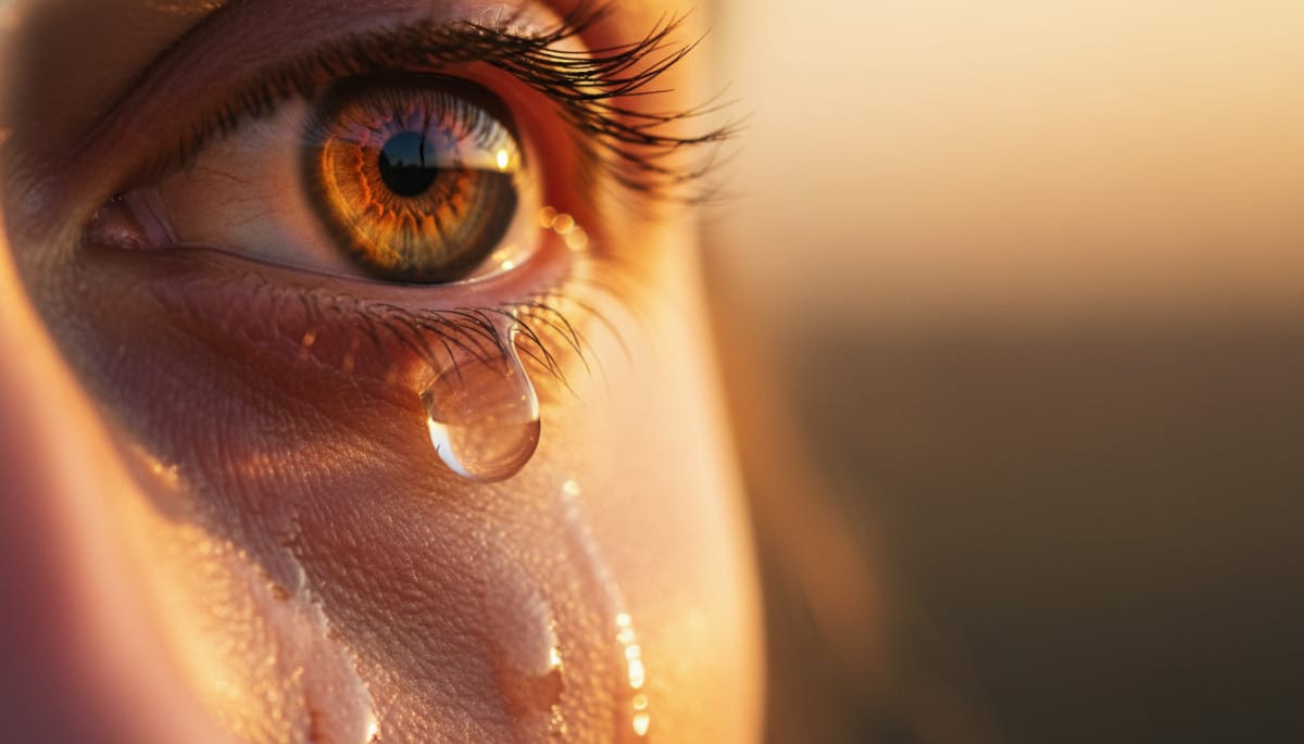 larme dans un œil irrité par un oignon