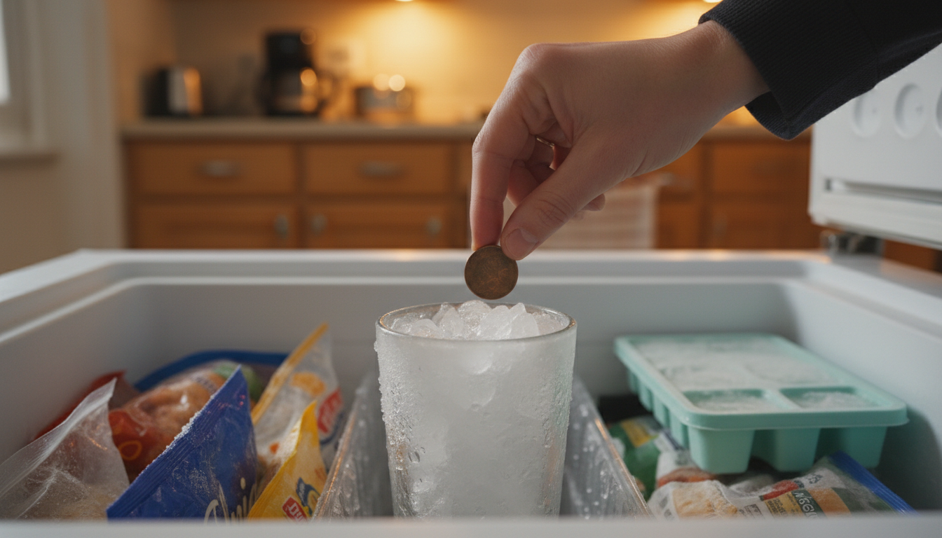 Main posant une pièce sur un verre glacé dans un congélateur
