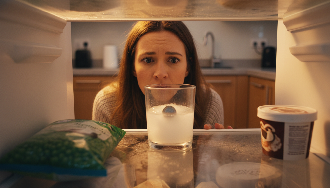 Personne vérifiant la position de la pièce dans le verre au congélateur