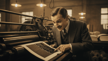 László Bíró fasciné par une presse d'imprimerie en 1938