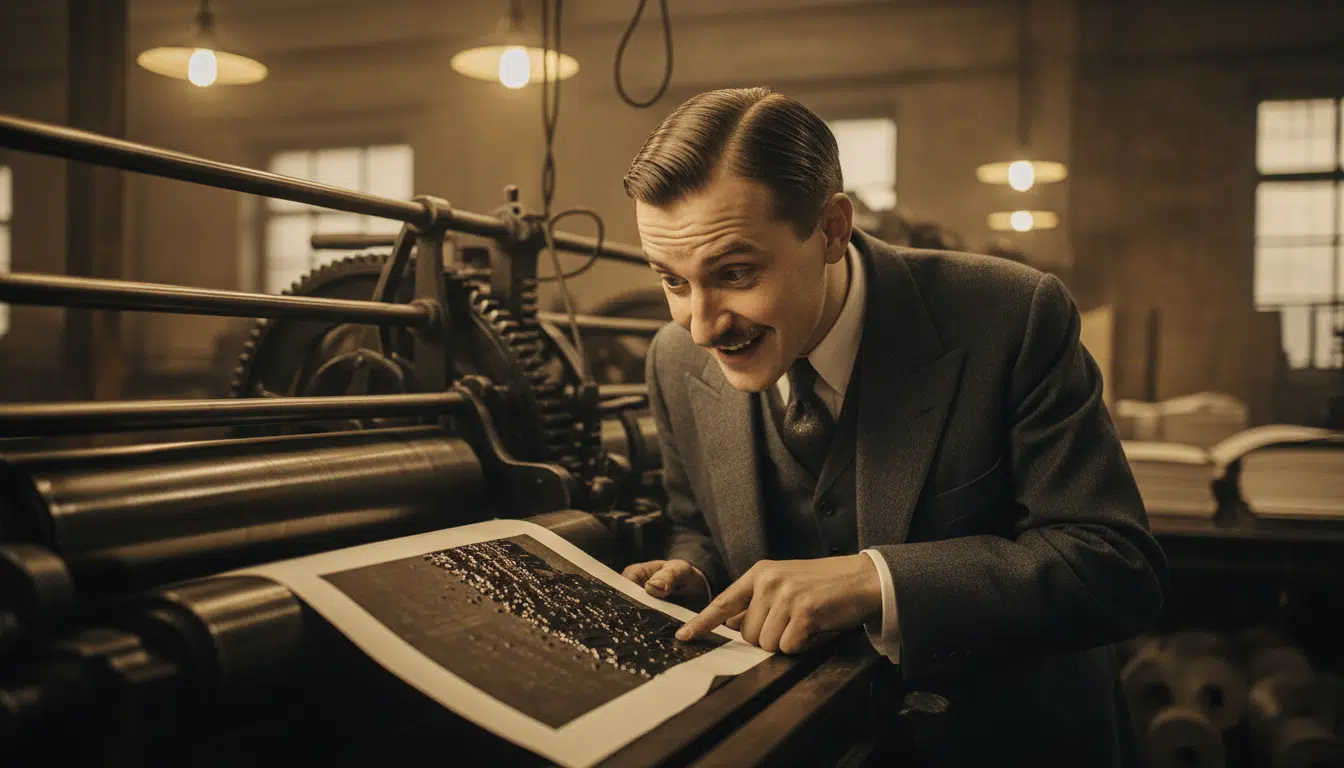 László Bíró fasciné par une presse d'imprimerie en 1938