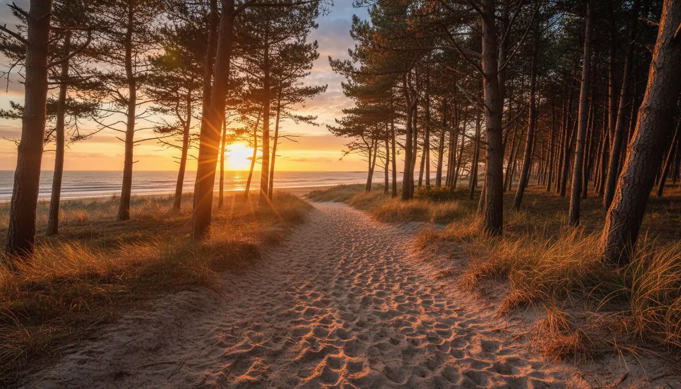 Chemin de sable entre les pins menant vers l'océan au Cap Ferret
