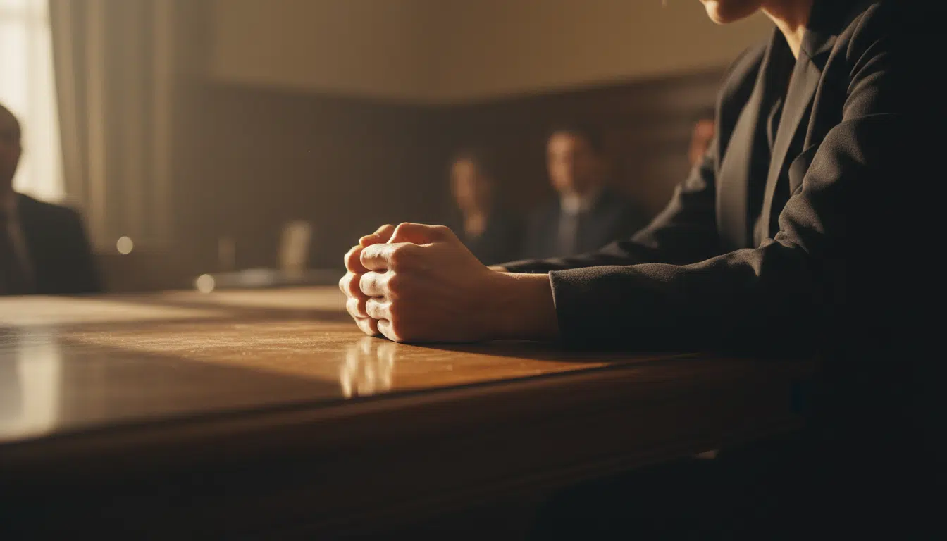 Mains de femme agrippant une table au tribunal