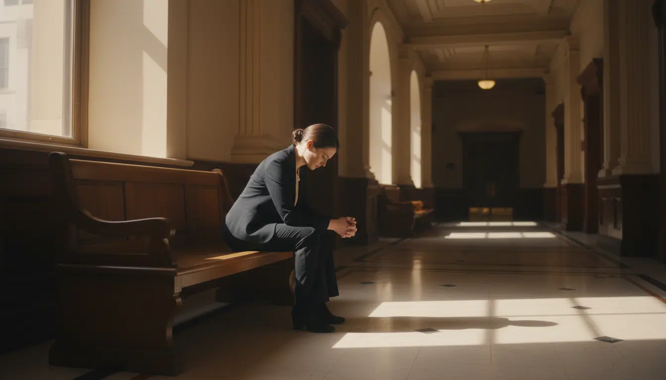 Femme seule assise dans un couloir de tribunal