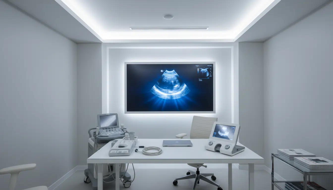Salle de consultation cardiologique avec écran d'échographie affichant un scan du cœur