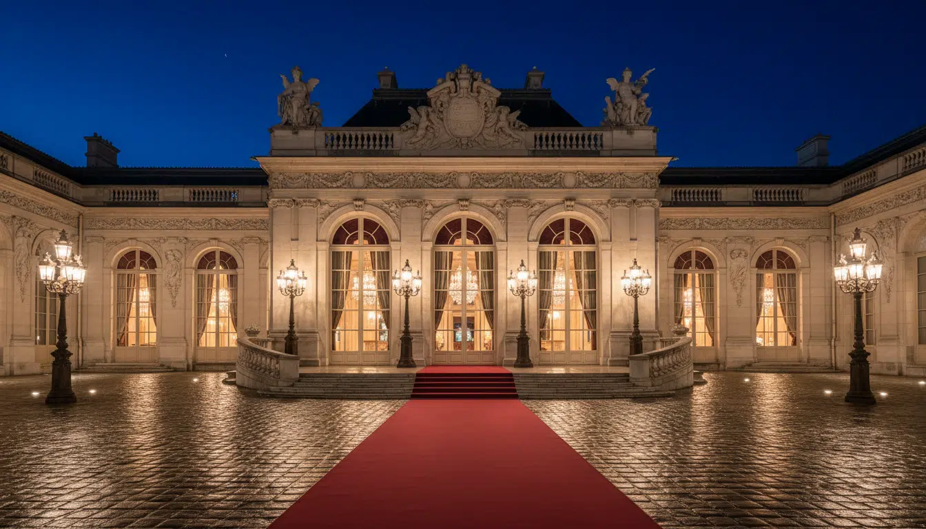 Entrée d'un palais français illuminé la nuit évoquant un dîner d'État à l'Élysée