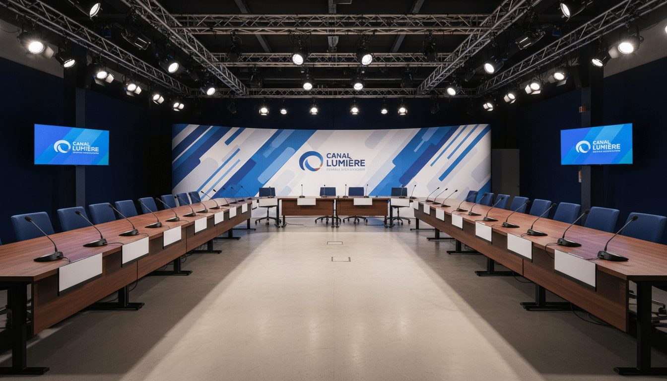 Salle de conférence de presse télévisée vide avec micros et projecteurs, évoquant l'univers médiatique de Laurent Ruquier